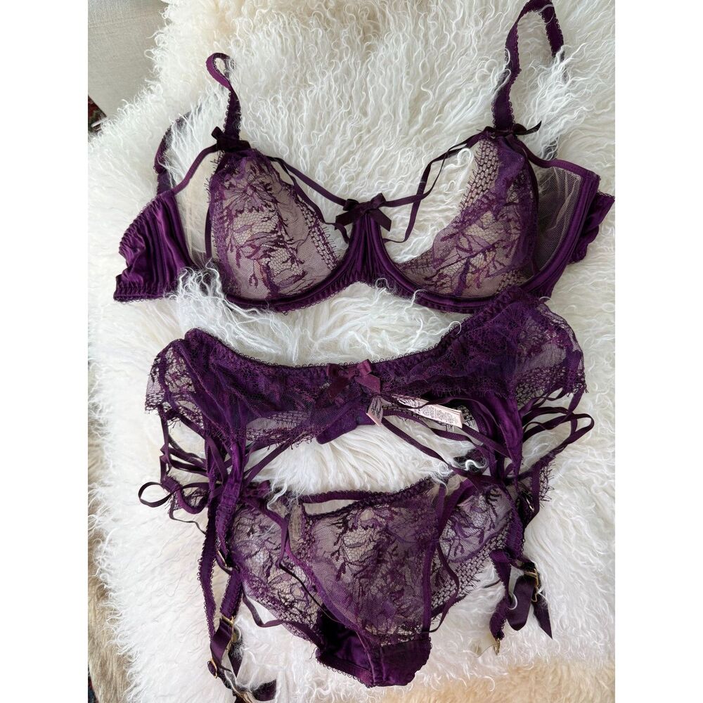Agent Provocateur Tanya Purple Lace 3 Piece Lingerie Set Bra 36D M L Rare